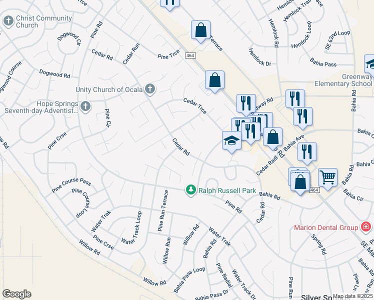 map of restaurants, bars, coffee shops, grocery stores, and more near 63 Cedar Road in Ocala