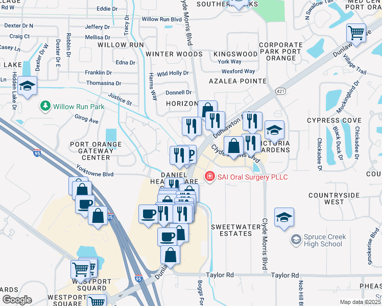 map of restaurants, bars, coffee shops, grocery stores, and more near 1641 Florida 421 in Port Orange