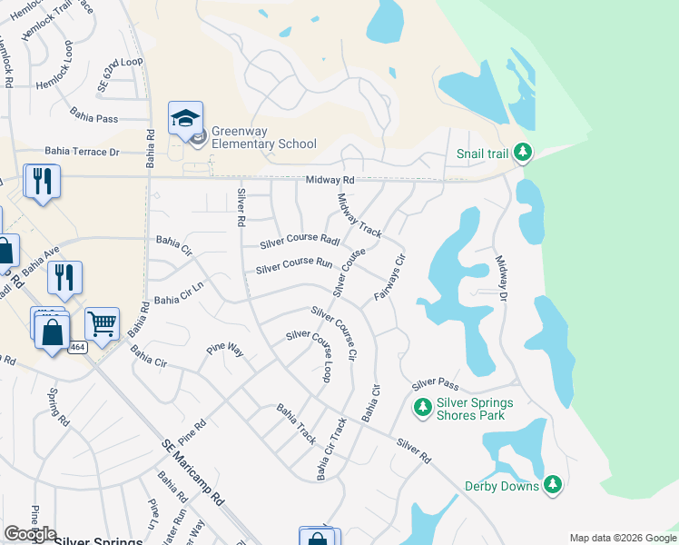 map of restaurants, bars, coffee shops, grocery stores, and more near 567 Silver Course Run in Ocala
