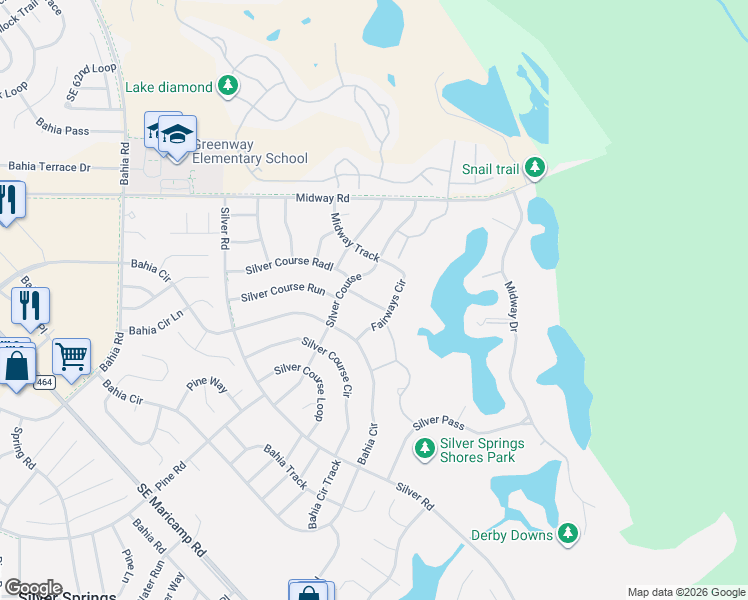 map of restaurants, bars, coffee shops, grocery stores, and more near 580 Fairways Lane in Ocala