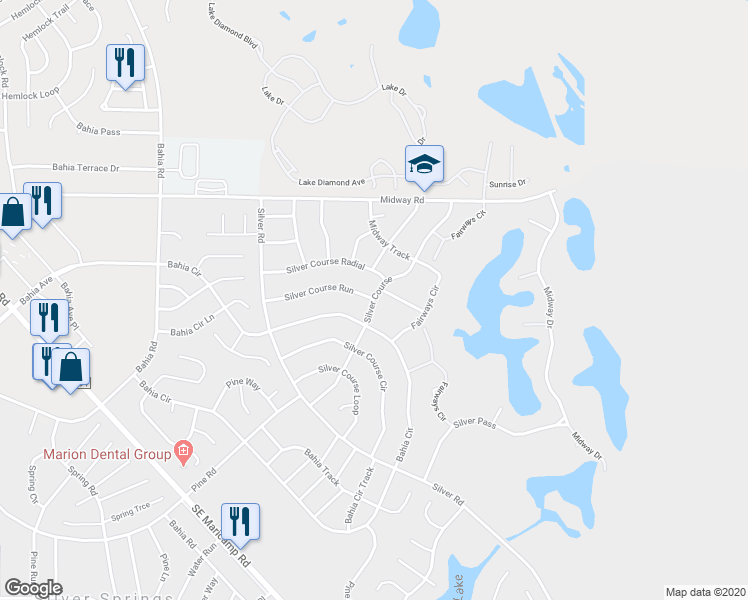 map of restaurants, bars, coffee shops, grocery stores, and more near 422 Silver Course in Ocala