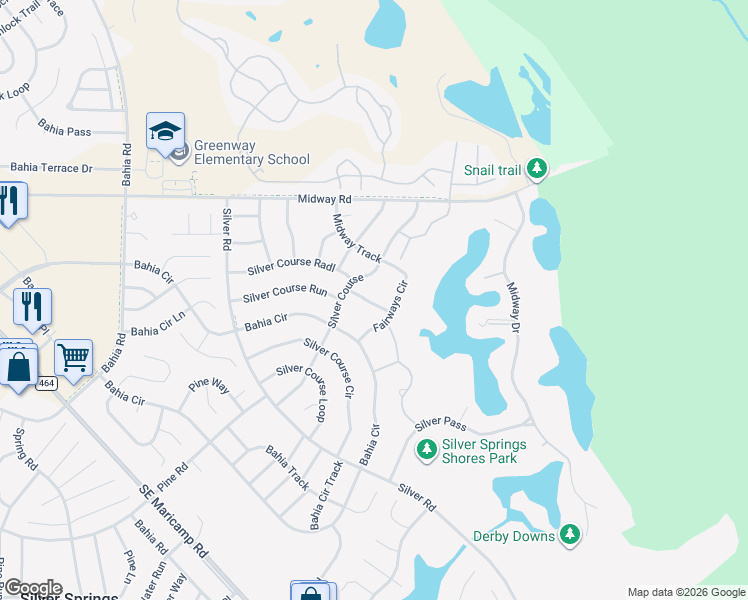 map of restaurants, bars, coffee shops, grocery stores, and more near 572 Fairways Lane in Ocala