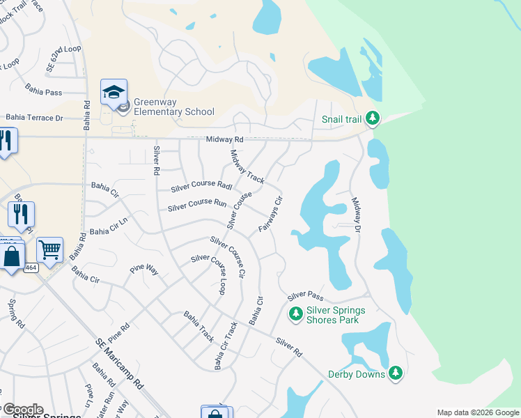 map of restaurants, bars, coffee shops, grocery stores, and more near 580 Fairways Lane in Ocala