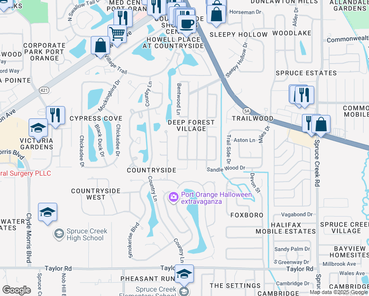 map of restaurants, bars, coffee shops, grocery stores, and more near 956 Sand Crest Drive in Port Orange