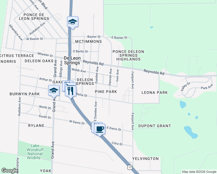 map of restaurants, bars, coffee shops, grocery stores, and more near 261 East Broderick Street in De Leon Springs