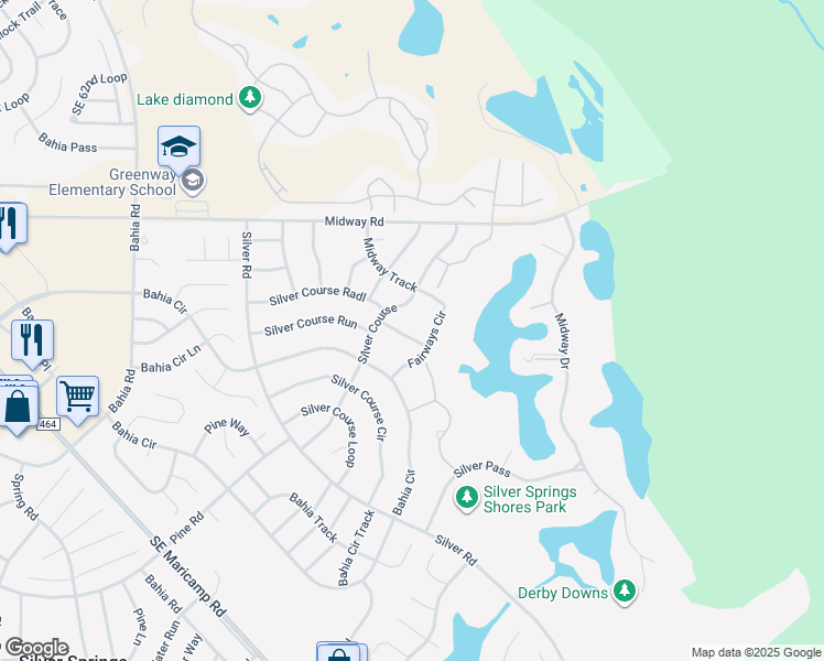 map of restaurants, bars, coffee shops, grocery stores, and more near 580 Fairways Lane in Ocala