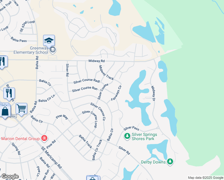 map of restaurants, bars, coffee shops, grocery stores, and more near 572 Fairways Lane in Ocala