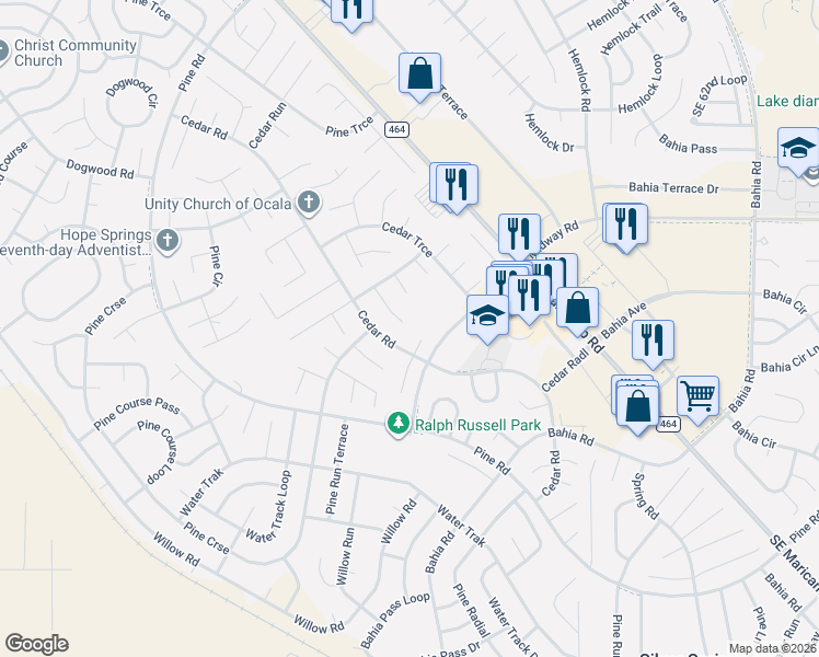 map of restaurants, bars, coffee shops, grocery stores, and more near 11 Cedar Tree Run in Ocala