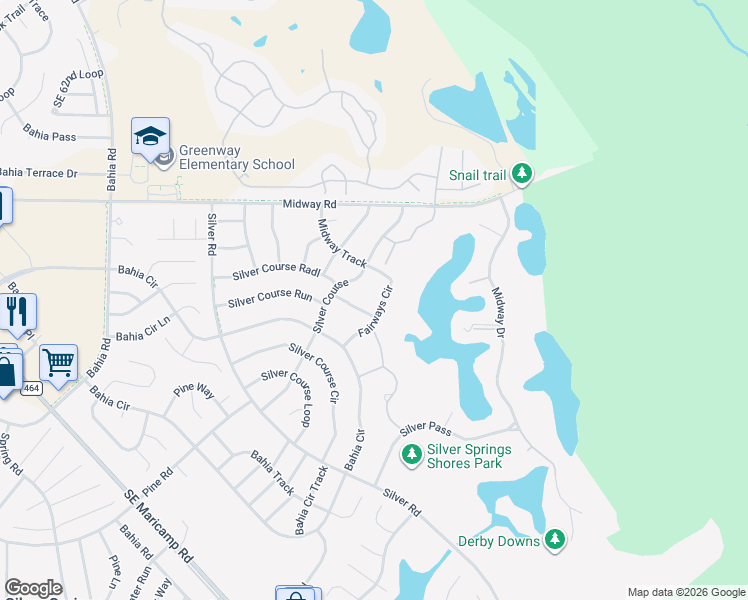 map of restaurants, bars, coffee shops, grocery stores, and more near 588 Fairways Lane in Ocala