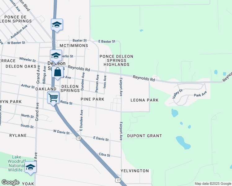 map of restaurants, bars, coffee shops, grocery stores, and more near 5030 Fairport Avenue in De Leon Springs