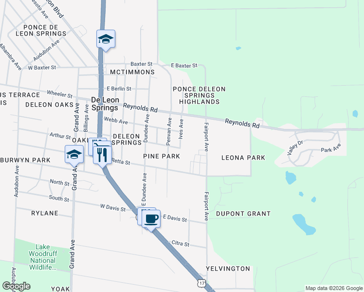 map of restaurants, bars, coffee shops, grocery stores, and more near 4952 Ives Avenue in De Leon Springs
