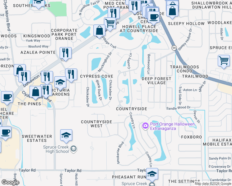 map of restaurants, bars, coffee shops, grocery stores, and more near 929 Chickadee Drive in Port Orange