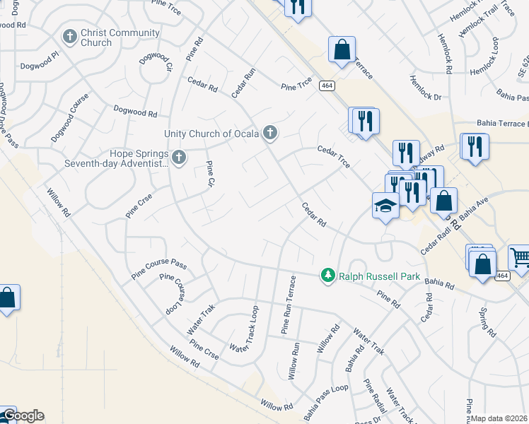 map of restaurants, bars, coffee shops, grocery stores, and more near 21 Cedar Tree Terrace in Ocala