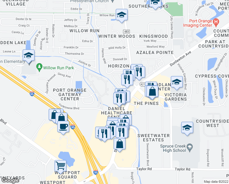 map of restaurants, bars, coffee shops, grocery stores, and more near 1645 Dunlawton Avenue in Port Orange