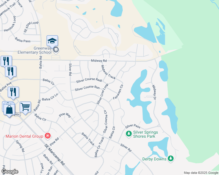 map of restaurants, bars, coffee shops, grocery stores, and more near 572 Fairways Lane in Ocala