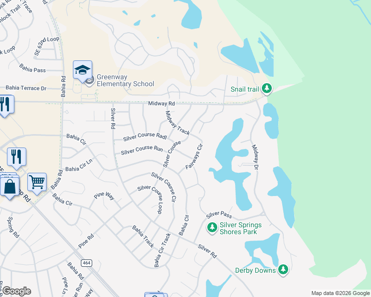 map of restaurants, bars, coffee shops, grocery stores, and more near 572 Fairways Lane in Ocala