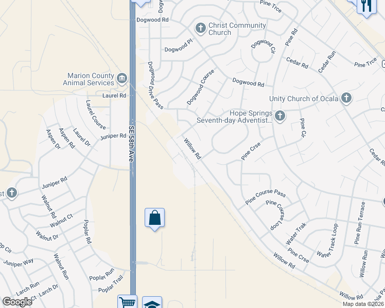 map of restaurants, bars, coffee shops, grocery stores, and more near 14 Willow Road in Ocala