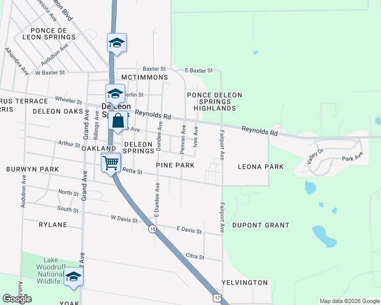 map of restaurants, bars, coffee shops, grocery stores, and more near 4952 Ives Avenue in De Leon Springs