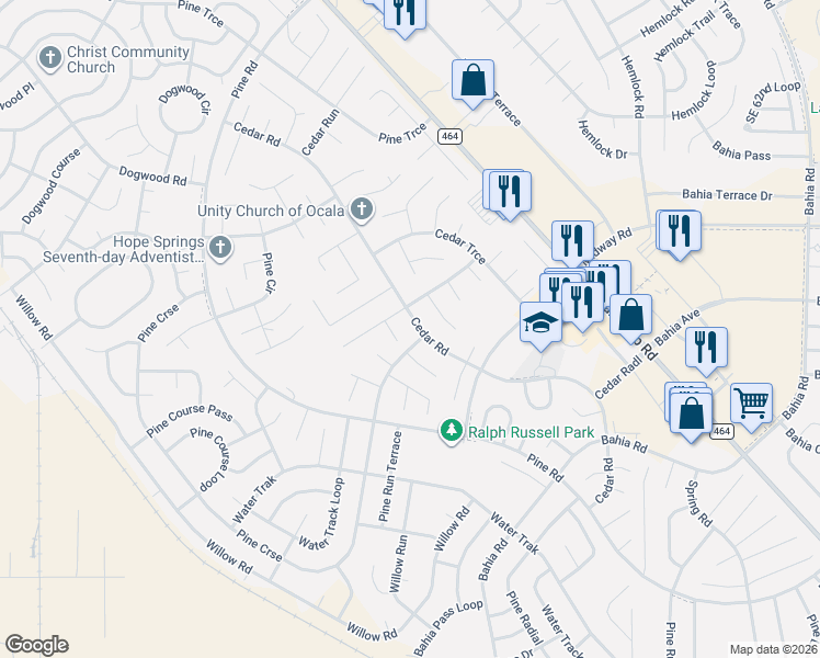 map of restaurants, bars, coffee shops, grocery stores, and more near 72 Cedar Road in Ocala