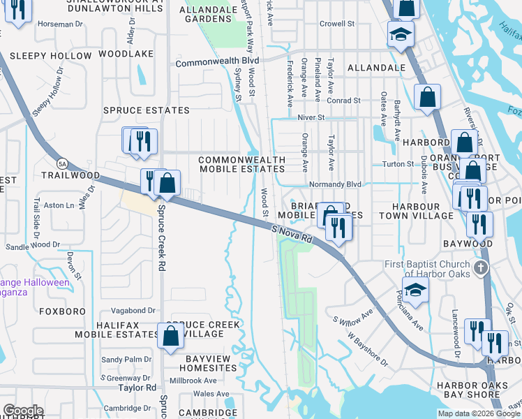 map of restaurants, bars, coffee shops, grocery stores, and more near 5652 Wood Street in Port Orange