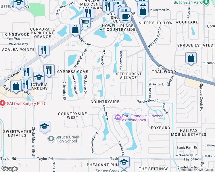 map of restaurants, bars, coffee shops, grocery stores, and more near 912 Silver Leaf Place in Port Orange