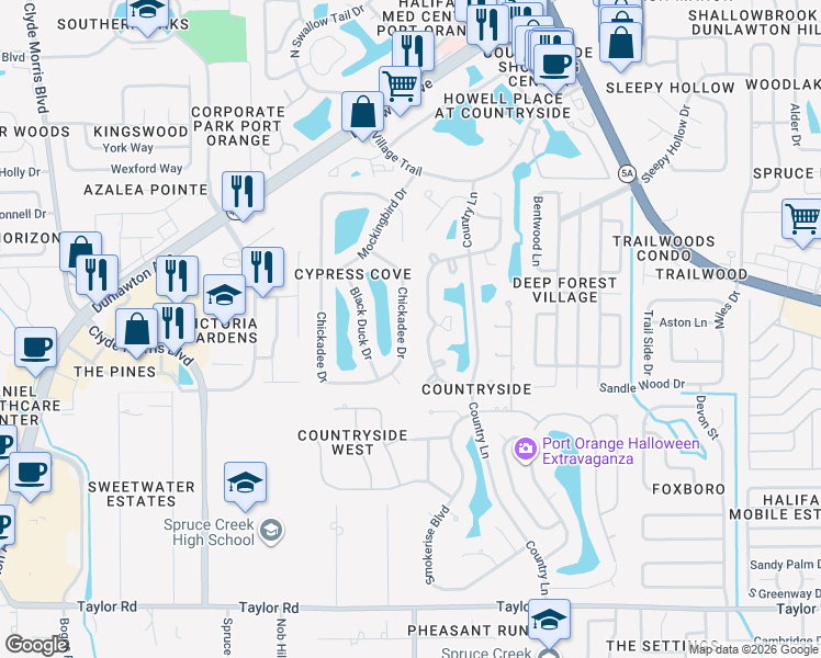 map of restaurants, bars, coffee shops, grocery stores, and more near 929 Chickadee Drive in Port Orange