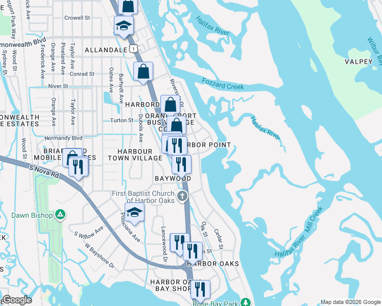 map of restaurants, bars, coffee shops, grocery stores, and more near 1424 Breaks Way in Port Orange