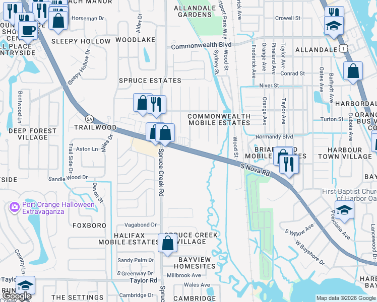 map of restaurants, bars, coffee shops, grocery stores, and more near 4061 Florida 5A in Port Orange