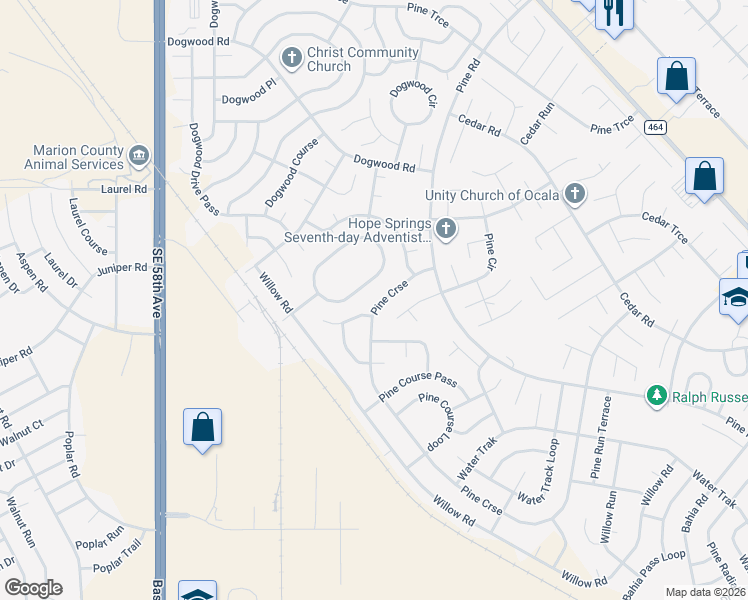 map of restaurants, bars, coffee shops, grocery stores, and more near 163 Pine Course in Ocala