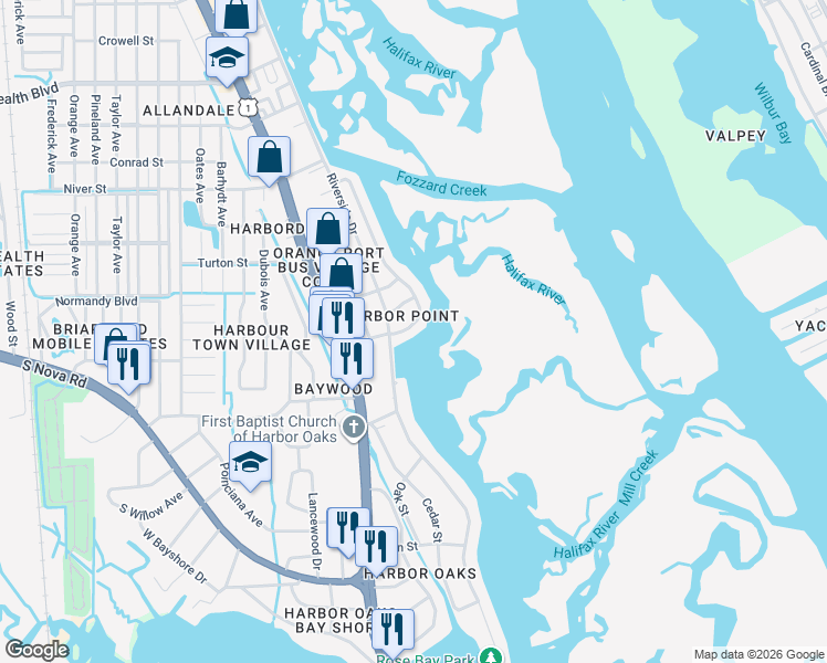 map of restaurants, bars, coffee shops, grocery stores, and more near 1258 Harbour Point Drive in Port Orange