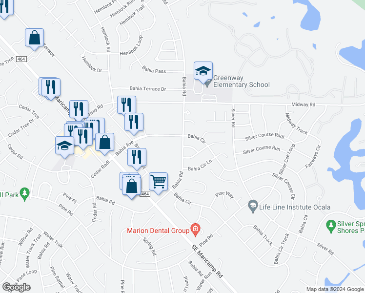 map of restaurants, bars, coffee shops, grocery stores, and more near 4397 Bahia Road in Ocala
