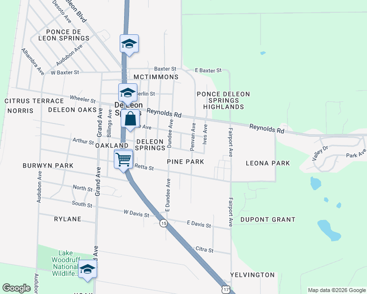 map of restaurants, bars, coffee shops, grocery stores, and more near 261 East Broderick Street in De Leon Springs