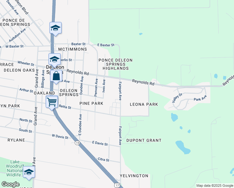 map of restaurants, bars, coffee shops, grocery stores, and more near 5030 Fairport Avenue in De Leon Springs