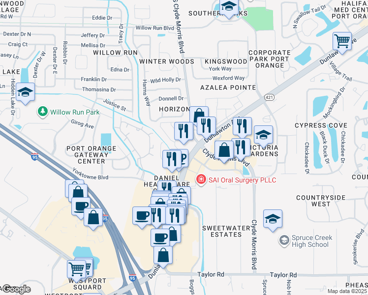 map of restaurants, bars, coffee shops, grocery stores, and more near 1641 Florida 421 in Port Orange