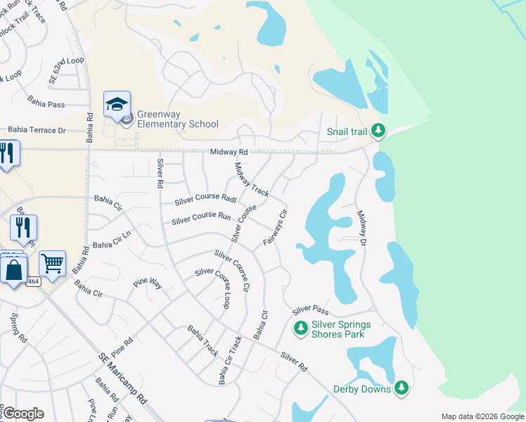 map of restaurants, bars, coffee shops, grocery stores, and more near 572 Fairways Lane in Ocala