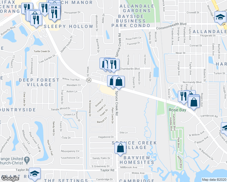 map of restaurants, bars, coffee shops, grocery stores, and more near 4036 South Nova Road in Port Orange
