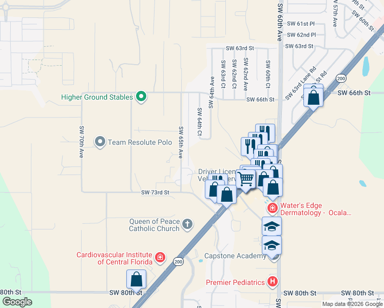 map of restaurants, bars, coffee shops, grocery stores, and more near 6911 Southwest 64th Terrace in Ocala
