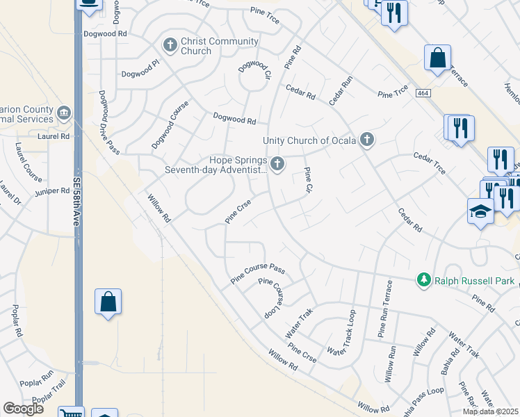 map of restaurants, bars, coffee shops, grocery stores, and more near 16 Pine Circle in Ocala