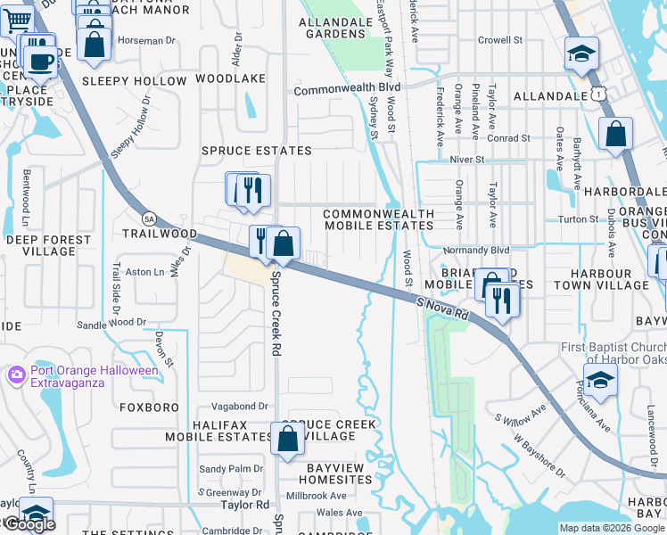 map of restaurants, bars, coffee shops, grocery stores, and more near 4061 Florida 5A in Port Orange