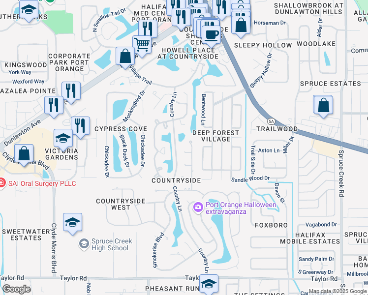 map of restaurants, bars, coffee shops, grocery stores, and more near 913 Silver Leaf Place in Port Orange