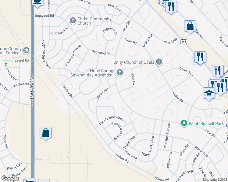 map of restaurants, bars, coffee shops, grocery stores, and more near 16 Pine Circle in Ocala