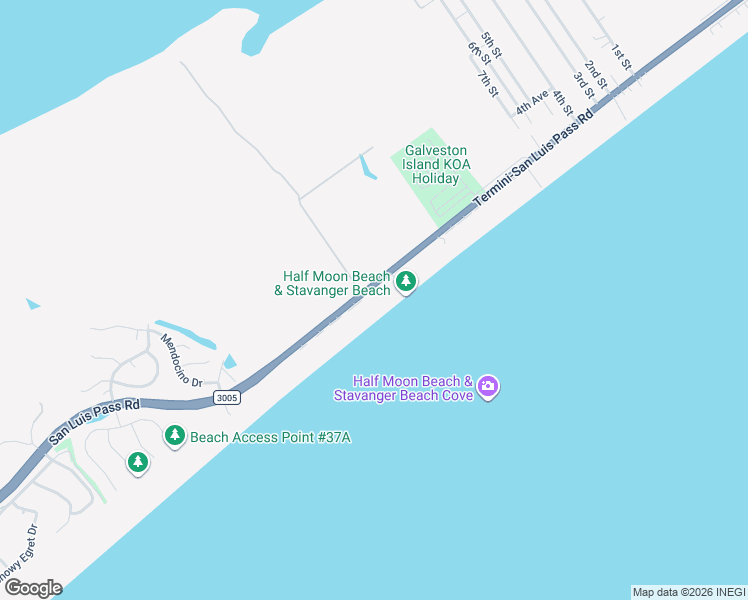 map of restaurants, bars, coffee shops, grocery stores, and more near 24313 Termini-San Luis Pass Road in Galveston