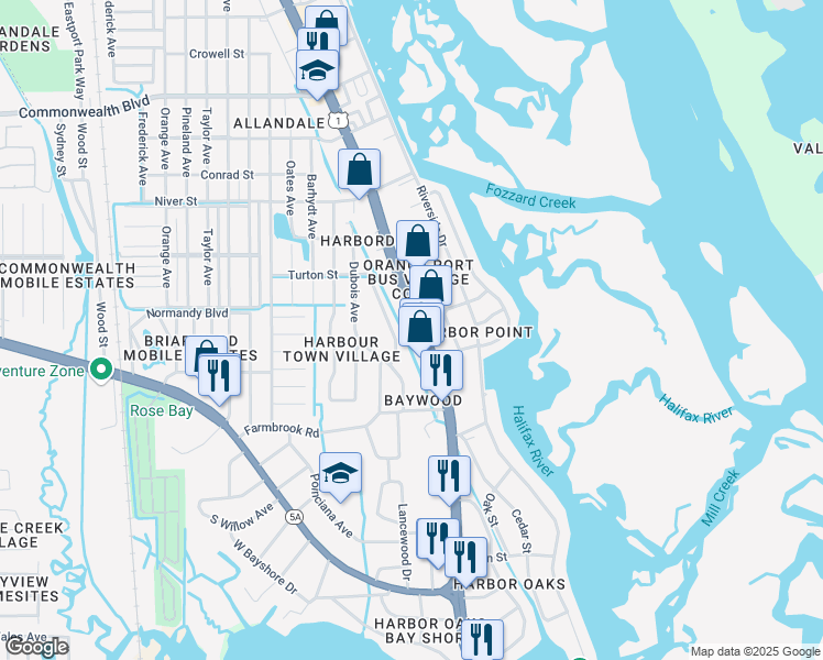 map of restaurants, bars, coffee shops, grocery stores, and more near 5574 South Ridgewood Avenue in Port Orange