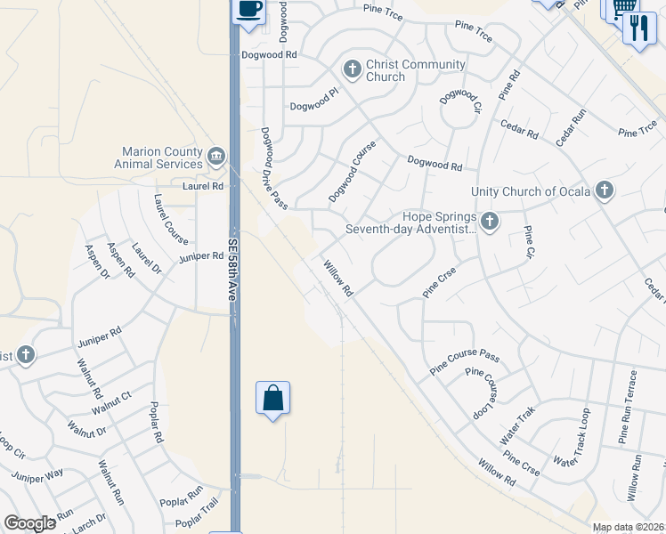 map of restaurants, bars, coffee shops, grocery stores, and more near 14 Willow Road in Ocala