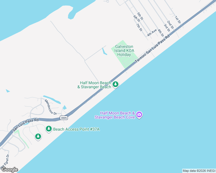 map of restaurants, bars, coffee shops, grocery stores, and more near 24313 Termini-San Luis Pass Road in Galveston