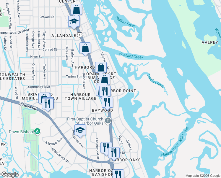 map of restaurants, bars, coffee shops, grocery stores, and more near 1424 Breaks Way in Port Orange