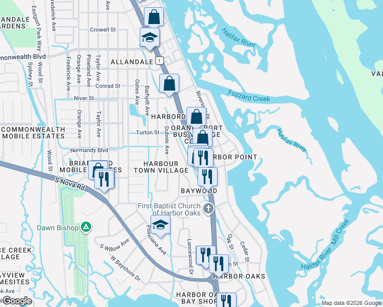 map of restaurants, bars, coffee shops, grocery stores, and more near 5553 South Ridgewood Avenue in Port Orange