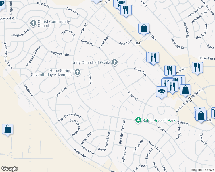 map of restaurants, bars, coffee shops, grocery stores, and more near 16 Cedar Tree Trce in Ocala