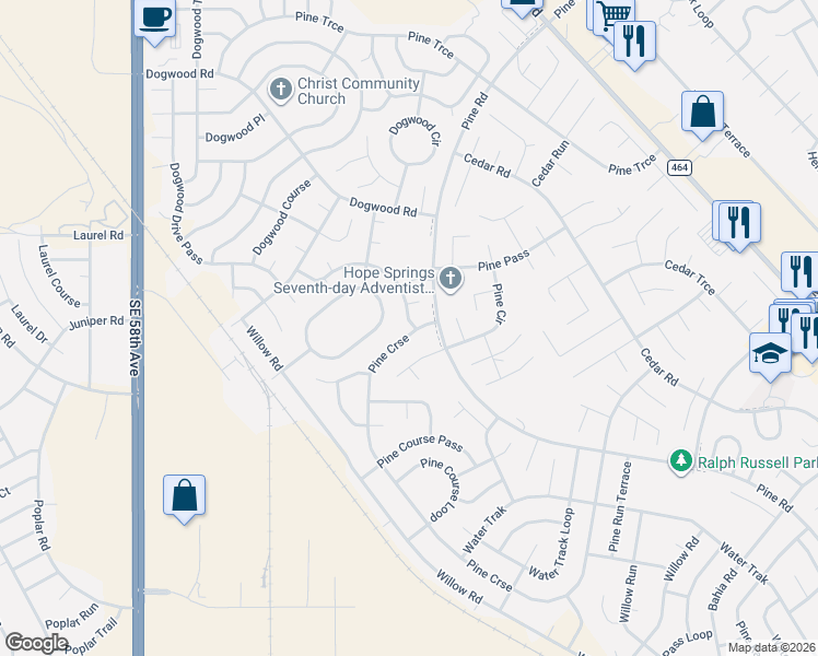 map of restaurants, bars, coffee shops, grocery stores, and more near 3 Dogwood Drive in Ocala
