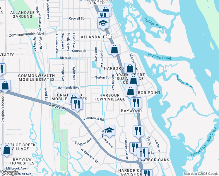 map of restaurants, bars, coffee shops, grocery stores, and more near 5426 Landis Avenue in Port Orange